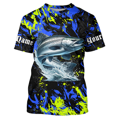 Chinook salmon fishing green blue camo Custom performance long sleeve fishing shirt, salmon jerseys NQS7217