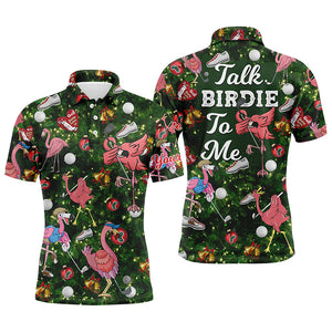 Funny Mens golf polo shirt custom green Christmas tree flamingo golf shirts talk birdie to me NQS6747