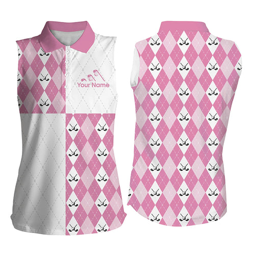 Golf addicted Womens sleeveless polo shirt custom pink white golf ball clubs pattern, team golf shirts NQS4251