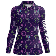 Load image into Gallery viewer, Purple Neon Bowling seamless pattern Custom Women bowling polo shirt, bowling team league jerseys NQS6762