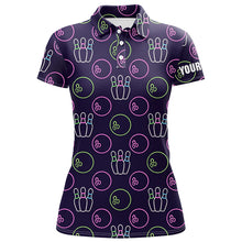 Load image into Gallery viewer, Purple Neon Bowling seamless pattern Custom Women bowling polo shirt, bowling team league jerseys NQS6762
