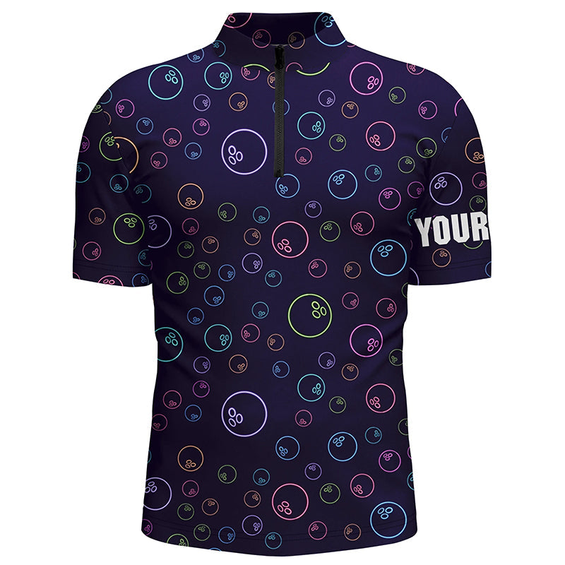 Purple Neon Bowling ball glowing pattern Custom Mens bowling Quarter Zip shirt team league jerseys NQS6764
