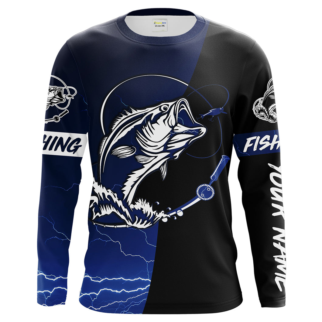 Largemouth Bass Fishing tattoo blue camo black Custom name UPF30+ performance fishing shirts fishing gift for men, women NQS2049