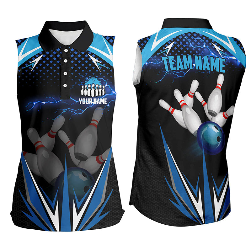 Black Women sleeveless Polo Shirt Custom blue lightning team Mens Bowlers Jerseys bowling outfits NQS6506