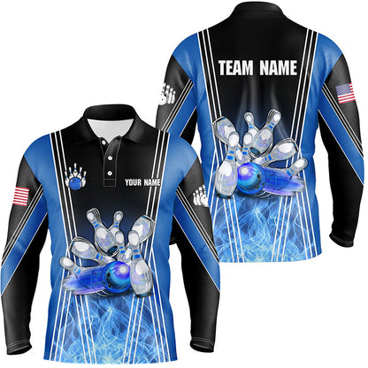Blue flame bowling polo shirts for men Custom Team bowling jerseys for men, gift for bowlers NQS7237