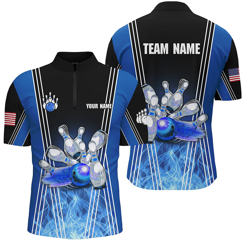 Blue flame bowling Quarter Zip shirts for men Custom Team bowling jerseys for men, gift for bowlers NQS7237
