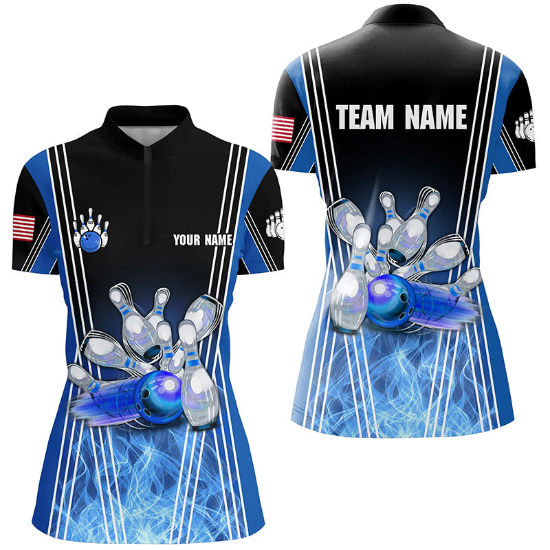 Blue flame bowling Quarter Zip shirts for women Custom Team girl bowling jerseys, gift for bowlers NQS7237