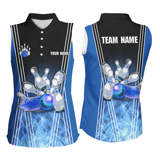 Blue flame bowling sleeveless polo shirts for women Custom Team girl bowling jerseys, gift for bowlers NQS7237