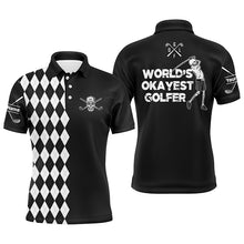 Load image into Gallery viewer, Mens golf polo shirt skull world&#39;s okayest golfer custom name black &amp; white argyle pattern golf shirts NQS5115