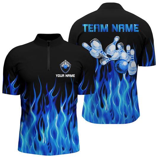 Personalized Men Quarter Zip Bowling Shirt Blue Flame Bowling Ball Pins bowling jerseys for Bowler NQS6982