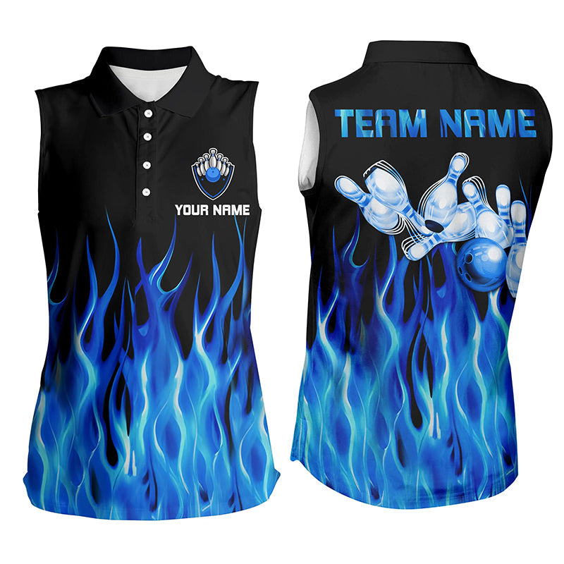 Personalized Women sleeveless polo shirts Blue Flame Bowling Ball Pins bowling jerseys for Bowler NQS6982