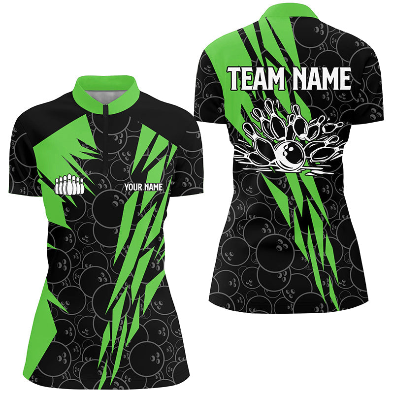 Black bowling camo Womens bowling Quarter Zip shirt Custom bowling strike team league jersey | Green NQS6772