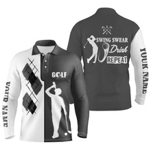 Load image into Gallery viewer, Black white Men golf polo shirts custom name swing swear drink repeat golf shirt, golf outfit men NQS4696