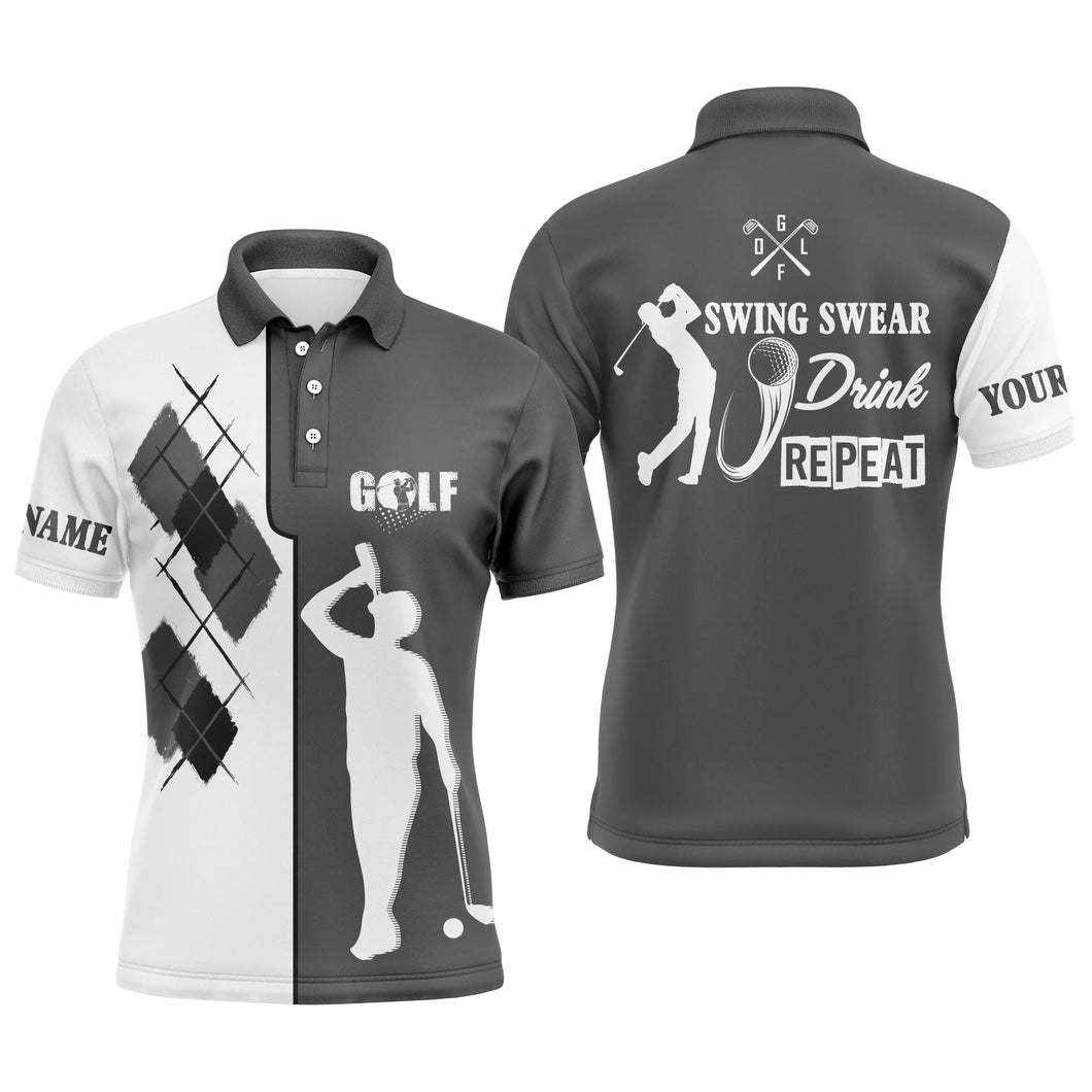Black white Men golf polo shirts custom name swing swear drink repeat golf shirt, golf outfit men NQS4696