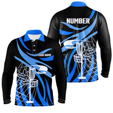 Load image into Gallery viewer, Mens disc golf polo shirt custom name black and blue disc golf basket, personalized disc golf shirts NQS7244