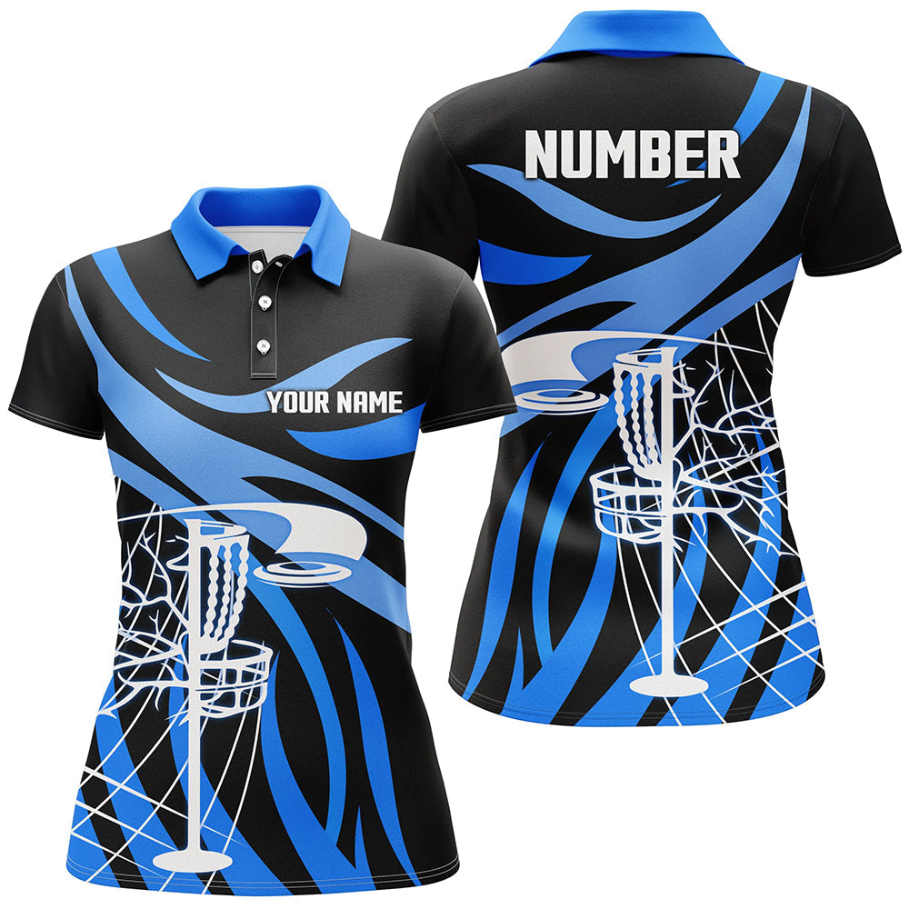 Womens golf polo shirt custom black and blue disc golf basket, personalized disc golf shirts NQS7244