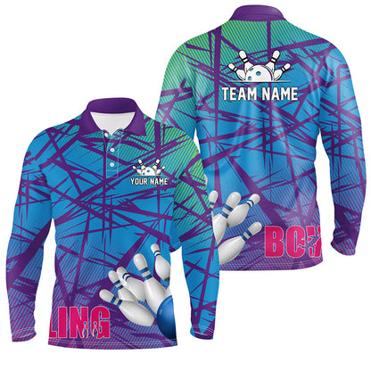 Personalized Men polo Bowling Shirt blue purple camo Bowling Jerseys, Personalized Bowling Team Shirts NQS6996