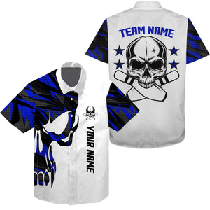 Blue and white Bowling Hawaiian Shirt custom name and team name Skull Bowling, team bowling shirts NQS4699