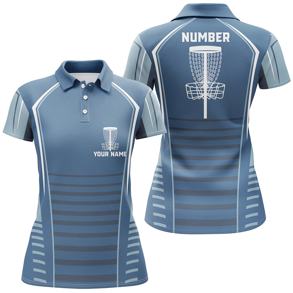 Womens golf polo shirts custom blue pattern disc golf basket, personalized disc golf outfit NQS7249
