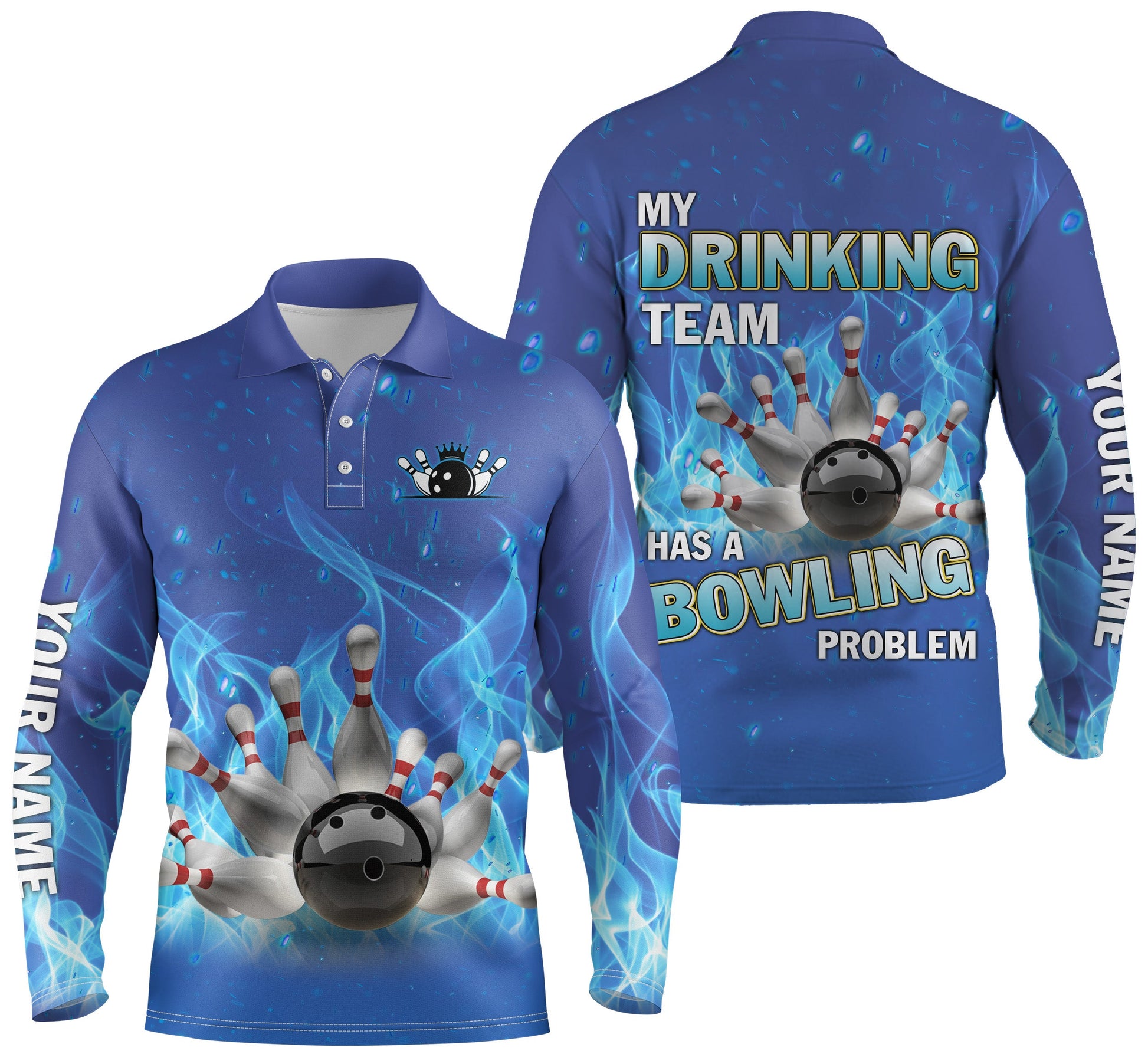 blue personalized bowling shirt for men – custom name design side view