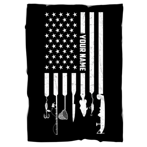 Personalized black American flag fishing icons Fishing Fleece Blanket, Gifts For Fisherman NQS7006