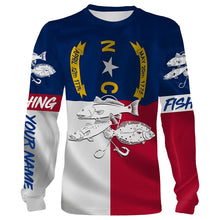 Load image into Gallery viewer, Inshore Slam Flounder, Redfish, Speckled Trout fishing North Carolina State Flag custom name 3D All Over print fishing shirts NQS440