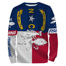 Load image into Gallery viewer, Inshore Slam Flounder, Redfish, Speckled Trout fishing North Carolina State Flag custom name 3D All Over print fishing shirts NQS440