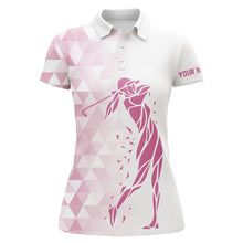 Load image into Gallery viewer, Personalized white and pink triangle pattern Womens golf polo shirts custom ladies golf tops NQS7267