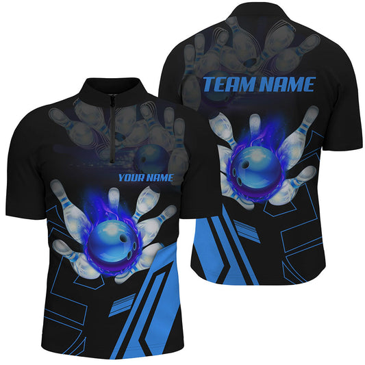 Black flame bowling ball and pins jerseys Custom Team League Bowling Quarter Zip Shirts For Men | Blue NQS6557