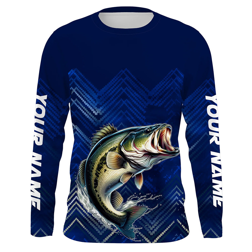 Largemouth Bass fishing blue camo Custom UV protection performance long sleeve fishing shirt NQS7159