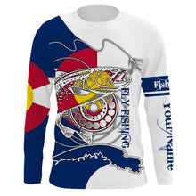 Load image into Gallery viewer, Trouts fly fishing Colorado flag Custom Name UV sun protection UPF 30+ performance fly fishing shirts NQS3580