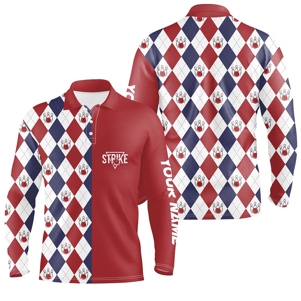 Red white blue argyle plaid pattern Mens Bowling polo Shirt custom bowling strike team jerseys NQS6830