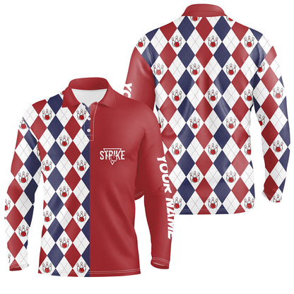 Red white blue argyle plaid pattern Mens Bowling polo Shirt custom bowling strike team jerseys NQS6830