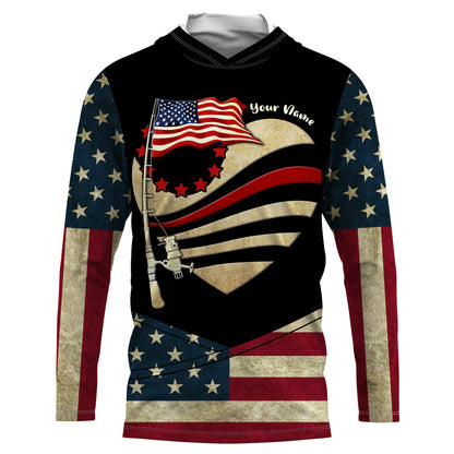 American Flag fishing rod Custom Name US flag long sleeves, hooded fishing shirt, Personalized Gifts for Fisherman NQS2930