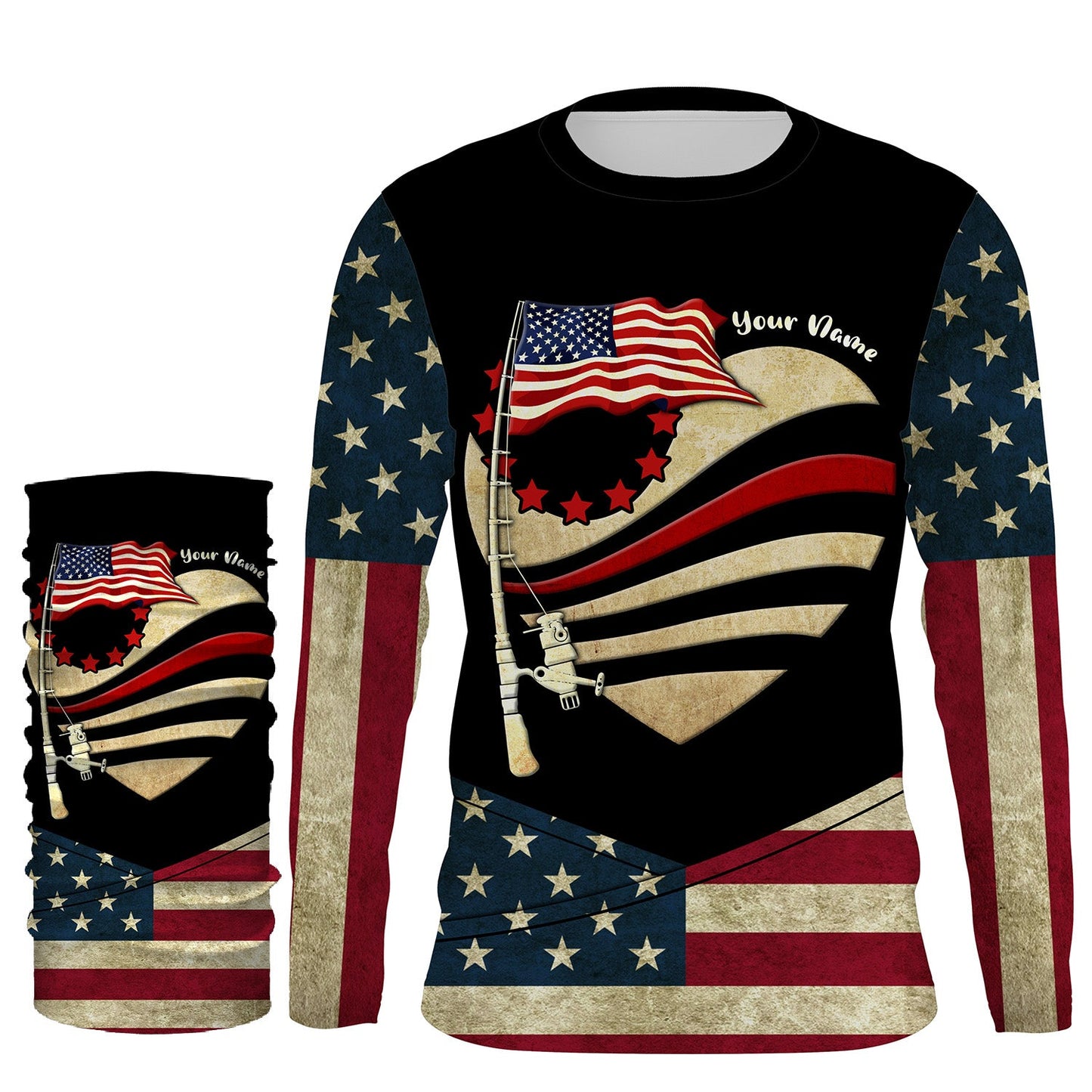 American Flag fishing rod Custom Name US flag long sleeves, hooded fishing shirt, Personalized Gifts for Fisherman NQS2930