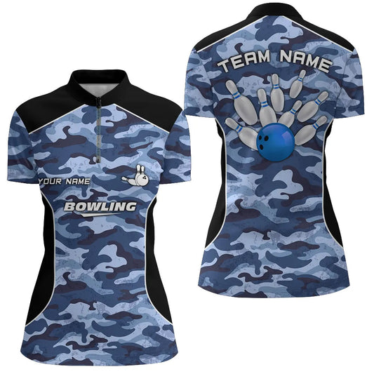 Womens bowling Quarter Zip shirts Custom bowling ball pins blue camo Bowling Team Jersey for ladies NQS6361