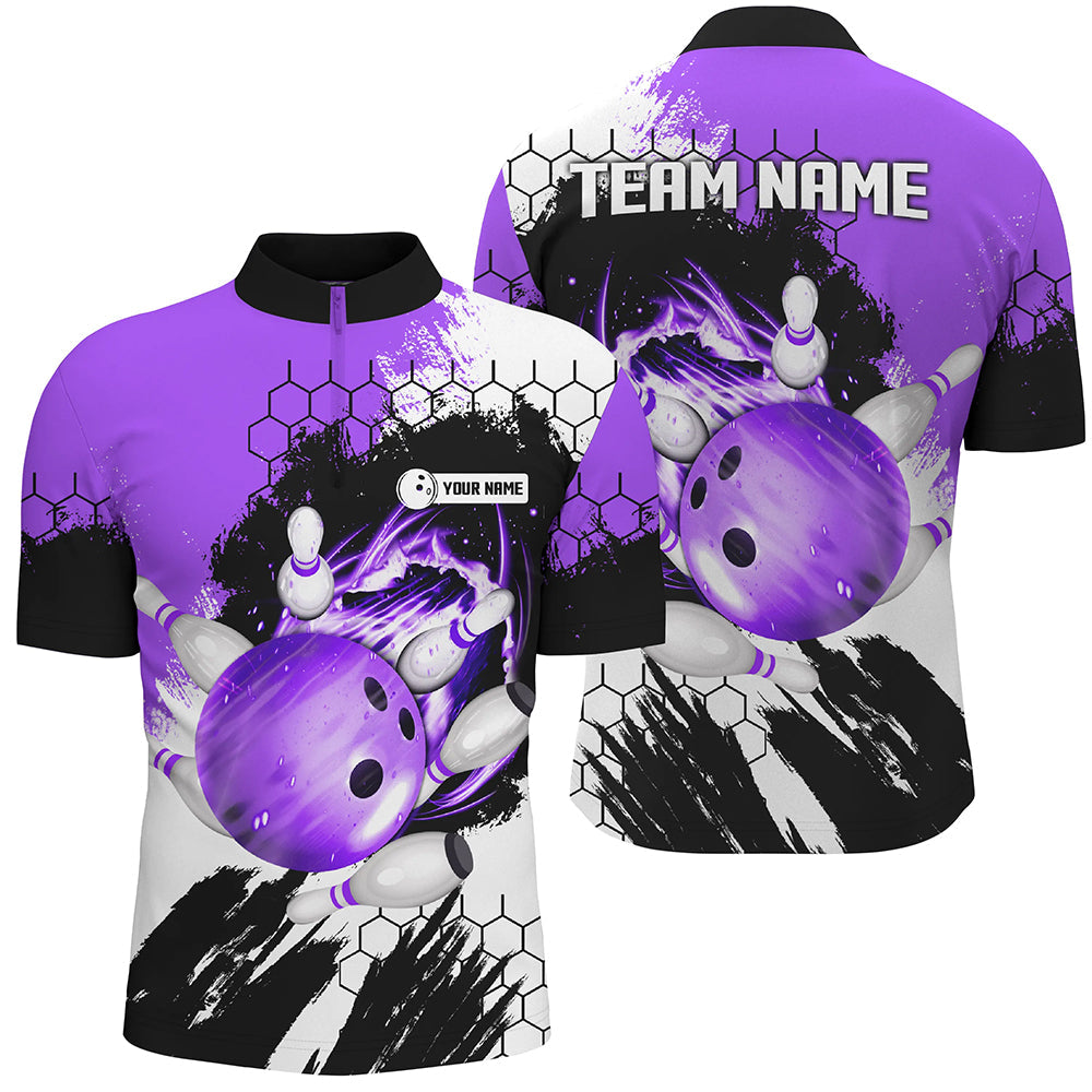 Purple Flame bowling ball and pins jerseys Custom Team League Bowling Quarter Zip Shirts For Men NQS6578