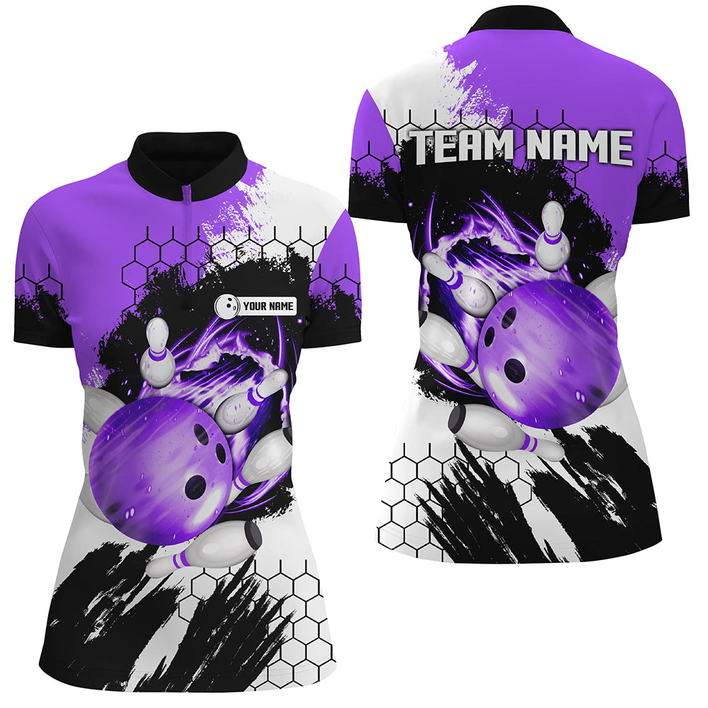 Purple Flame bowling ball and pins jerseys Custom Team League Bowling Quarter Zip Shirts For Women NQS6578