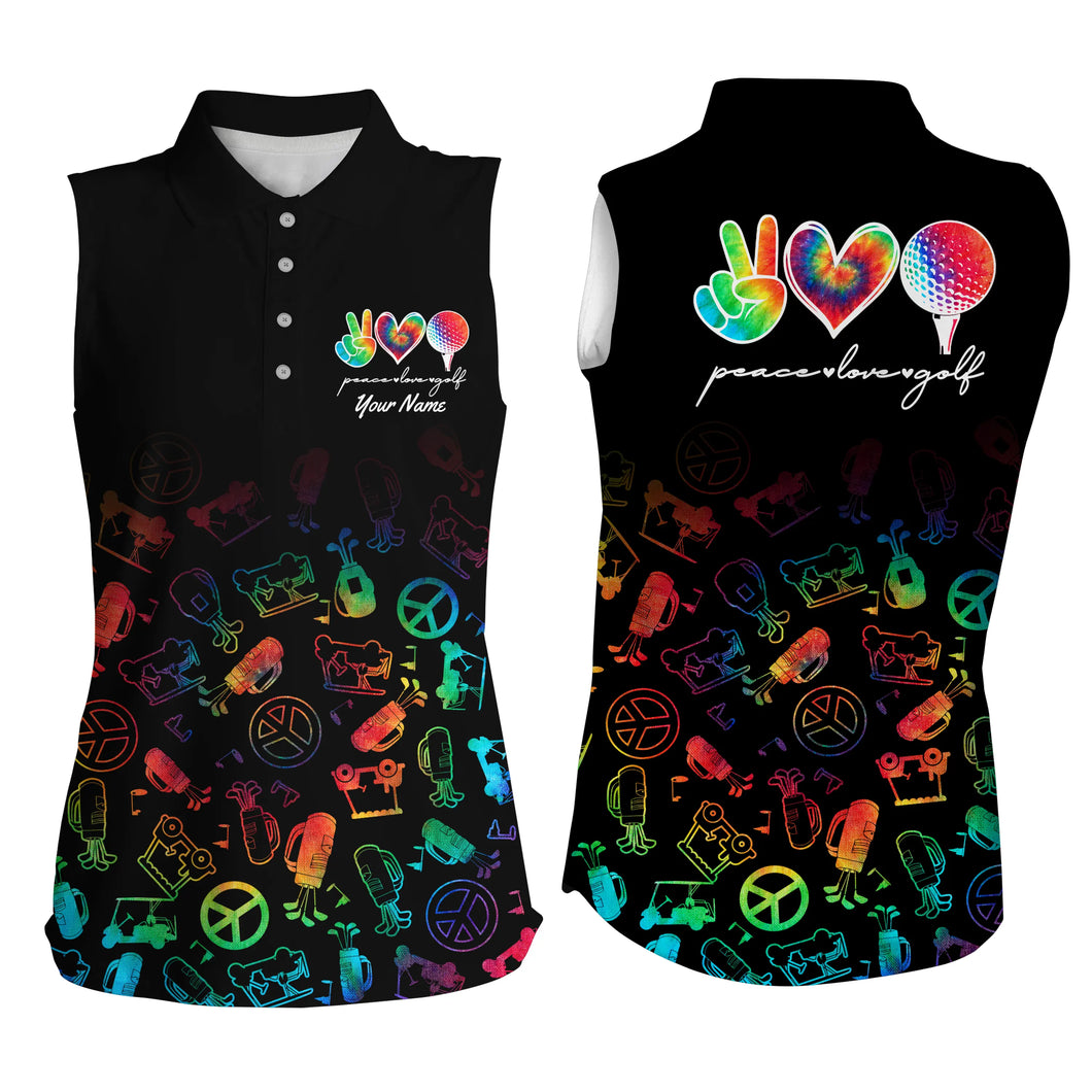 Black Women sleeveless polo shirt custom watercolor peace love golf, personalized golf shirt for women NQS4906