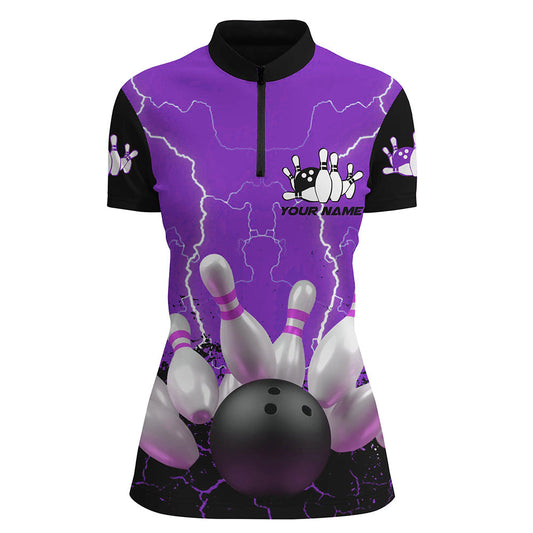 Purple lightning Womens Quarter Zip shirts, Custom Bowling Team Bowlers Jersey, bowling team uniforms NQS7279
