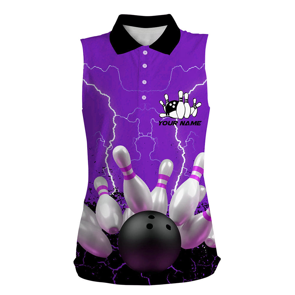 Purple lightning Women bowling sleeveless polo shirt, Personalized Team bowling female bowling uniform NQS7279