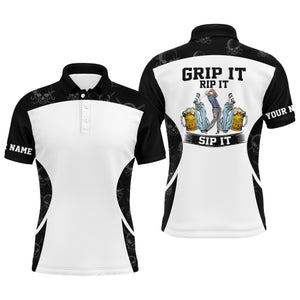 Funny Men golf polo shirts Grip it rip it sip it custom name golf skull pattern, black white polo NQS4127