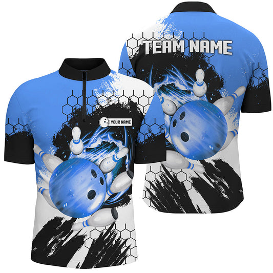 Blue Flame bowling ball and pins jerseys Custom Team League Bowling Quarter Zip Shirts For Men NQS7162