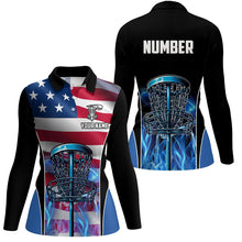Load image into Gallery viewer, American flag Disc golf basket patriotic Womens disc golf polo shirts custom blue fire disc golf tops NQS7315