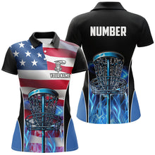 Load image into Gallery viewer, American flag Disc golf basket patriotic Womens disc golf polo shirts custom blue fire disc golf tops NQS7315