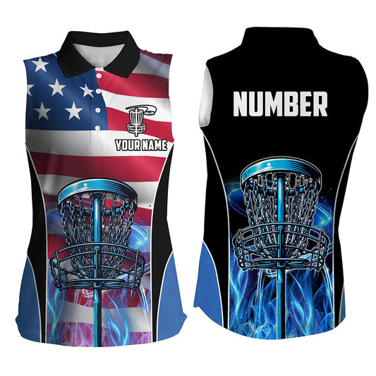American flag Disc golf basket patriotic Women sleeveless polo shirt custom blue fire disc golf tops NQS7315