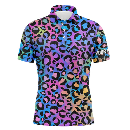 Colorful neon gradient leopard mens golf polo shirts, custom pattern golf shirt for men NQS4989