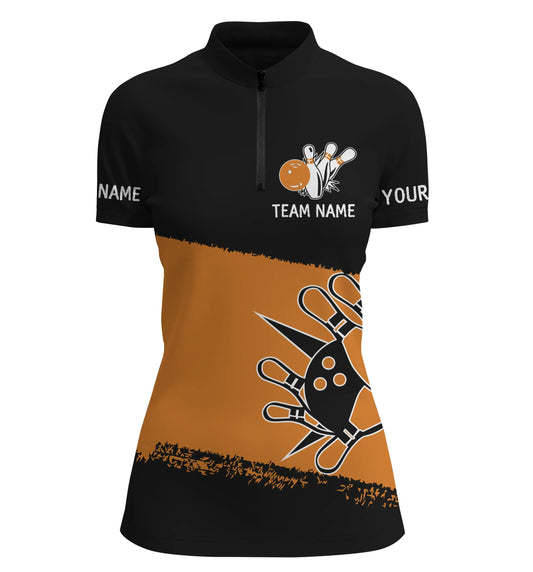 Custom Black orange bowling shirt for women – personalized team jersey front view