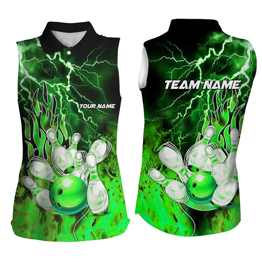 Women Bowling sleeveless Polos Custom green lightning thunder Bowling Team Jersey, gift for Bowlers NQS7065