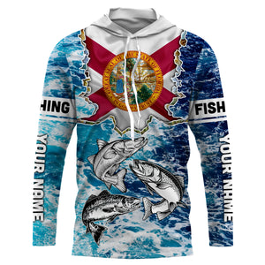 Florida Flag Redfish, trout, snook blue wave camo custom performance long sleeve fishing shirts NQS4771